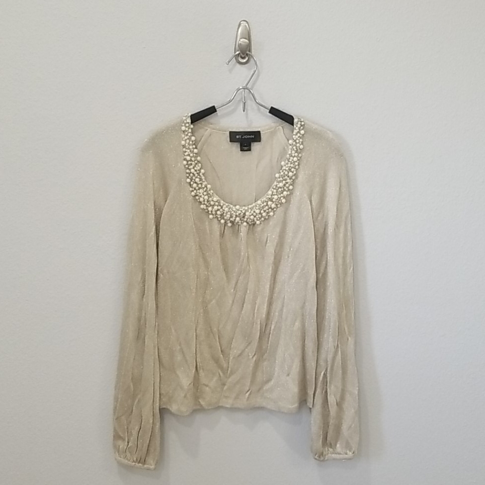 St. John Gold Sparkle and Pearls Long Sleeve Sz P